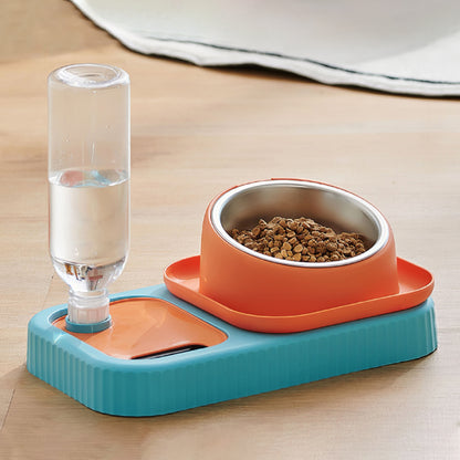 3 in 1 Pet Bowl: Stainless Steel Raised Cat Pet Food Bowls with Water Dispenser Slow Feeding Bowl for Cats Puppy Small Dogs