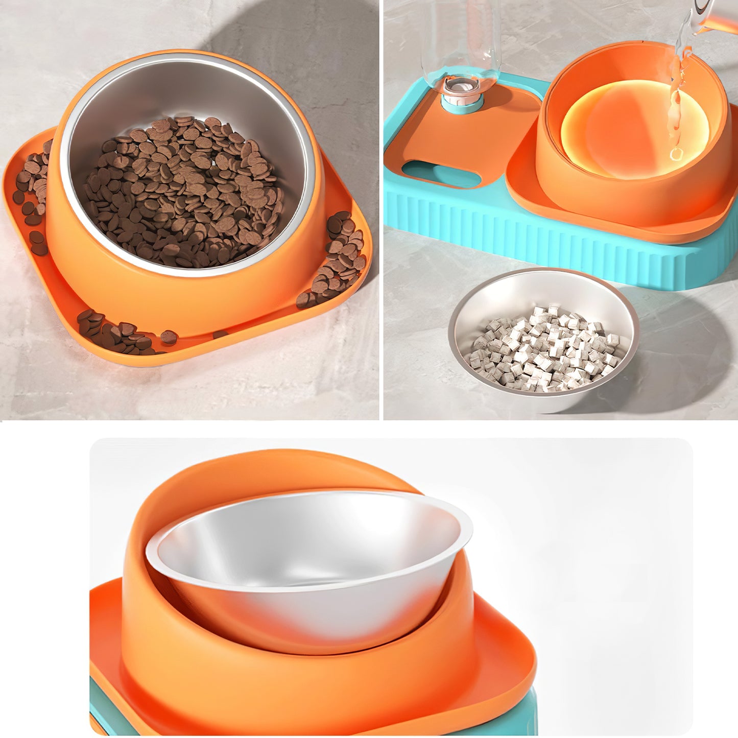 3 in 1 Pet Bowl: Stainless Steel Raised Cat Pet Food Bowls with Water Dispenser Slow Feeding Bowl for Cats Puppy Small Dogs