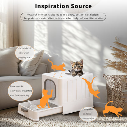 Large Cat Litter Box with Lid, Enclosed Drawer Type Litter Box with Scoop for Cat, Plastic Easy to Clean Cat Toilet 15x20 Inch