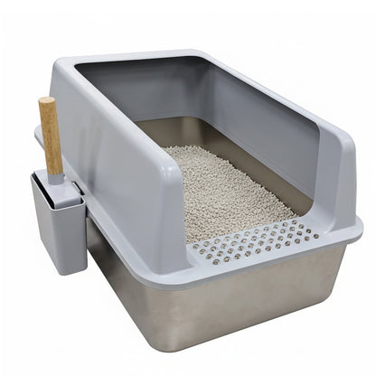 Stainless Steel Cat Litter Box High Sided Open Tray with Litter Mat for Kittens
