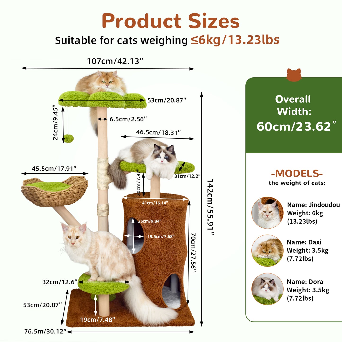 Multi-Level Cat Tower: 55.91-Inch Tall Cat Tower for Indoor Cat, Kitten Play Center with Scratching Posts, Top Perches, Hideaways, Vivid Green