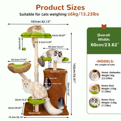 Multi-Level Cat Tower: 55.91-Inch Tall Cat Tower for Indoor Cat, Kitten Play Center with Scratching Posts, Top Perches, Hideaways, Vivid Green