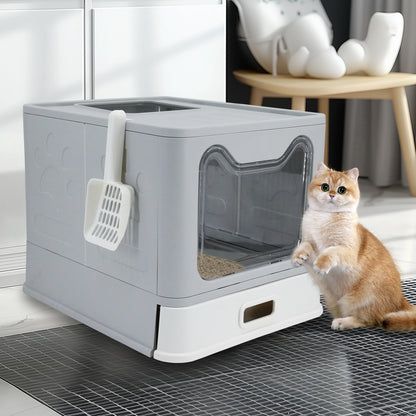 Stainless Steel Cat Litter Box w/ Scoop Enclosed Drawer Litter Box Odorless Gray