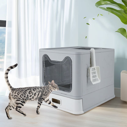 Stainless Steel Cat Litter Box w/ Scoop Enclosed Drawer Litter Box Odorless Gray