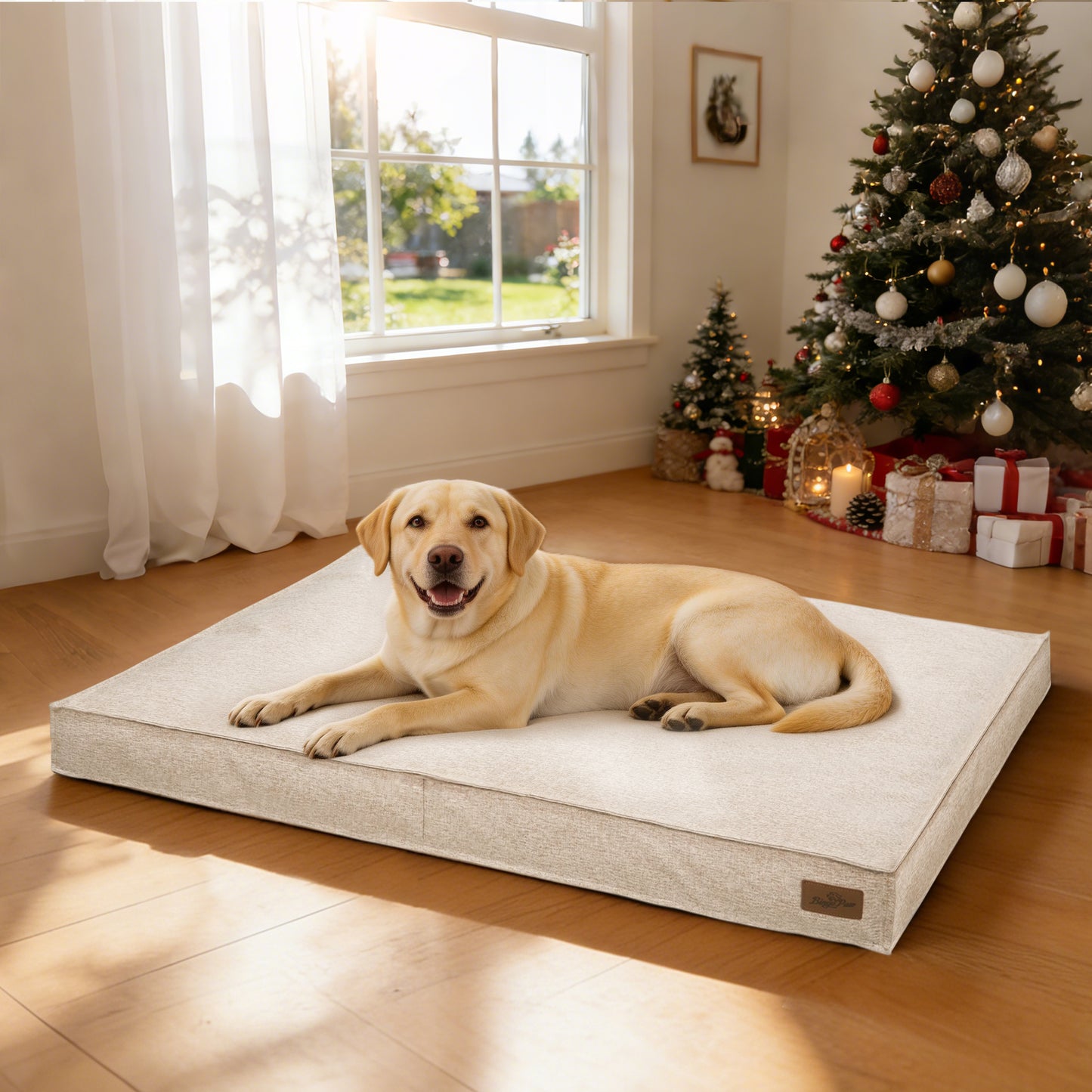 Soft Linen Dog Bed with Removable Washable Cover, Flat Pet Bed Mat for Crate, Shredded Foam Filled Puppy Pad with Non-Slip Bottom