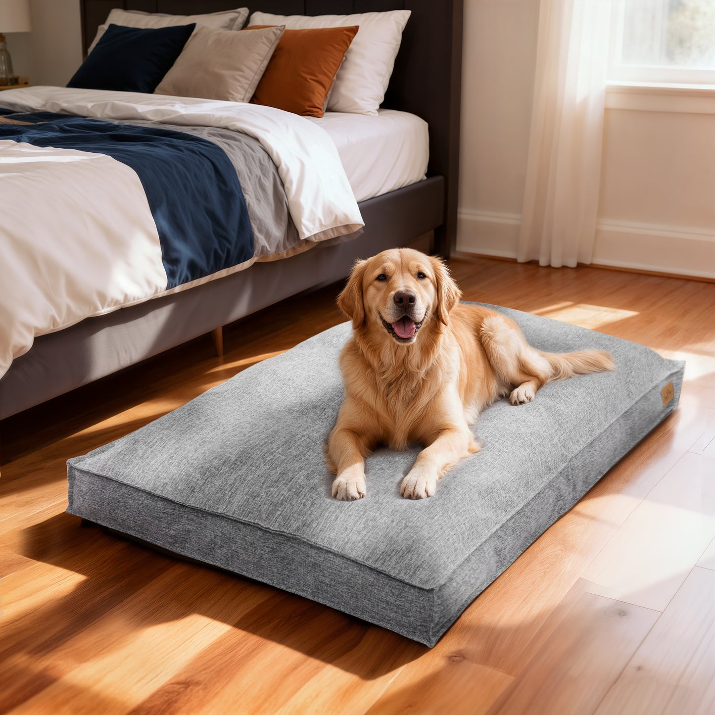 Soft Linen Dog Bed with Removable Washable Cover, Flat Pet Bed Mat for Crate, Shredded Foam Filled Puppy Pad with Non-Slip Bottom