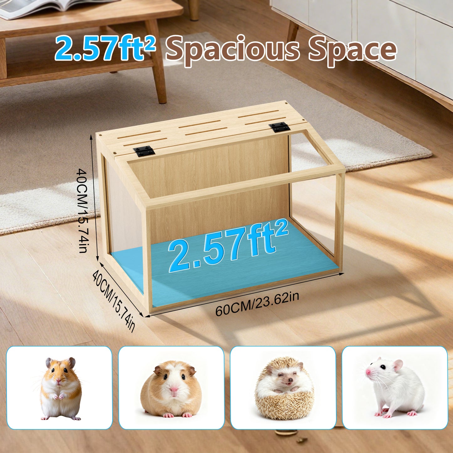 Chew-proof Hamster Cage: Indoor Wooden Hamster Cage with Clear Tempered Glass Panel, Built-in Light, Tabletop Hamsters Habitat Enclosure for Pets