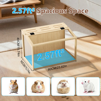 Chew-proof Hamster Cage: Indoor Wooden Hamster Cage with Clear Tempered Glass Panel, Built-in Light, Tabletop Hamsters Habitat Enclosure for Pets