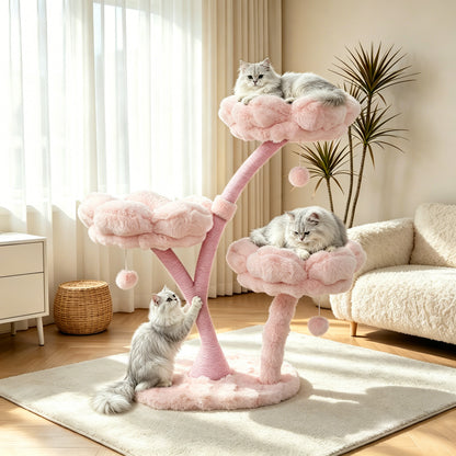 Indoor Cat Tower Tree Modern Pink Vertical Cat Tree Activity Center for Cats, Compact Multi-Level Cat Tree Furniture with Cushioned Flower Platforms, Scratching Trunk