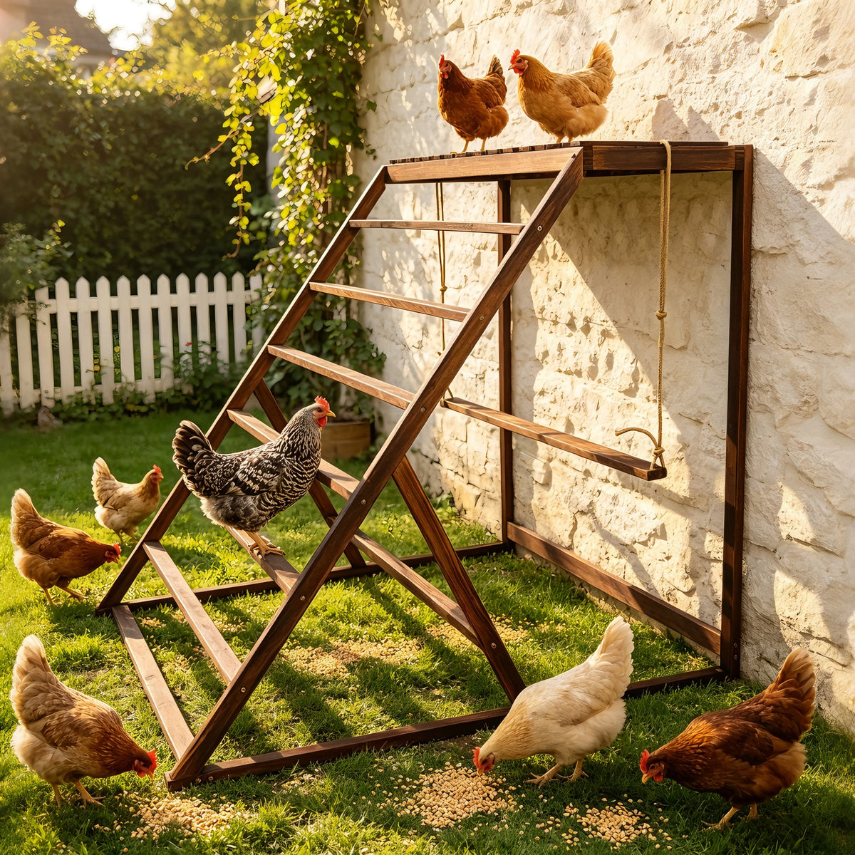 Chicken Playground with Top Platform, Wooden Roosting Bar for Poultry, 36 in Tall Jungle Gym with Balance Swing, Sanded Pine Perches for Backyard Farm Coop