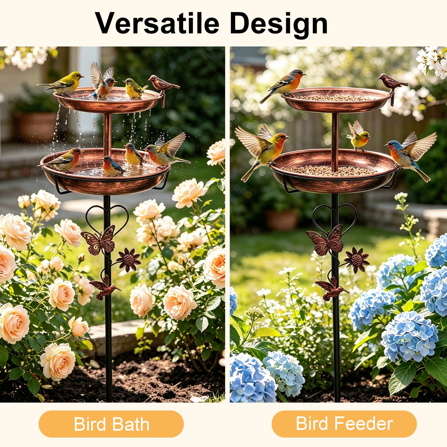 2 Tier Outdoor Bird Bath and Feeder, Decorative Standing Bird Bath for Outside Yard, Heavy Duty Garden Bird Feeder Station, Aged Bronze
