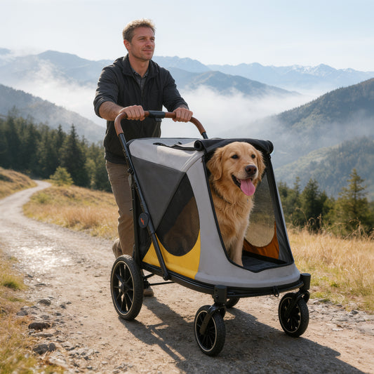 Dog Stroller for Medium Dogs up to 42kg, One Click Folding Pet Stroller with Zipper Door, Breathable Mesh, EVA 360° Wheels, Storage Bag, Brak