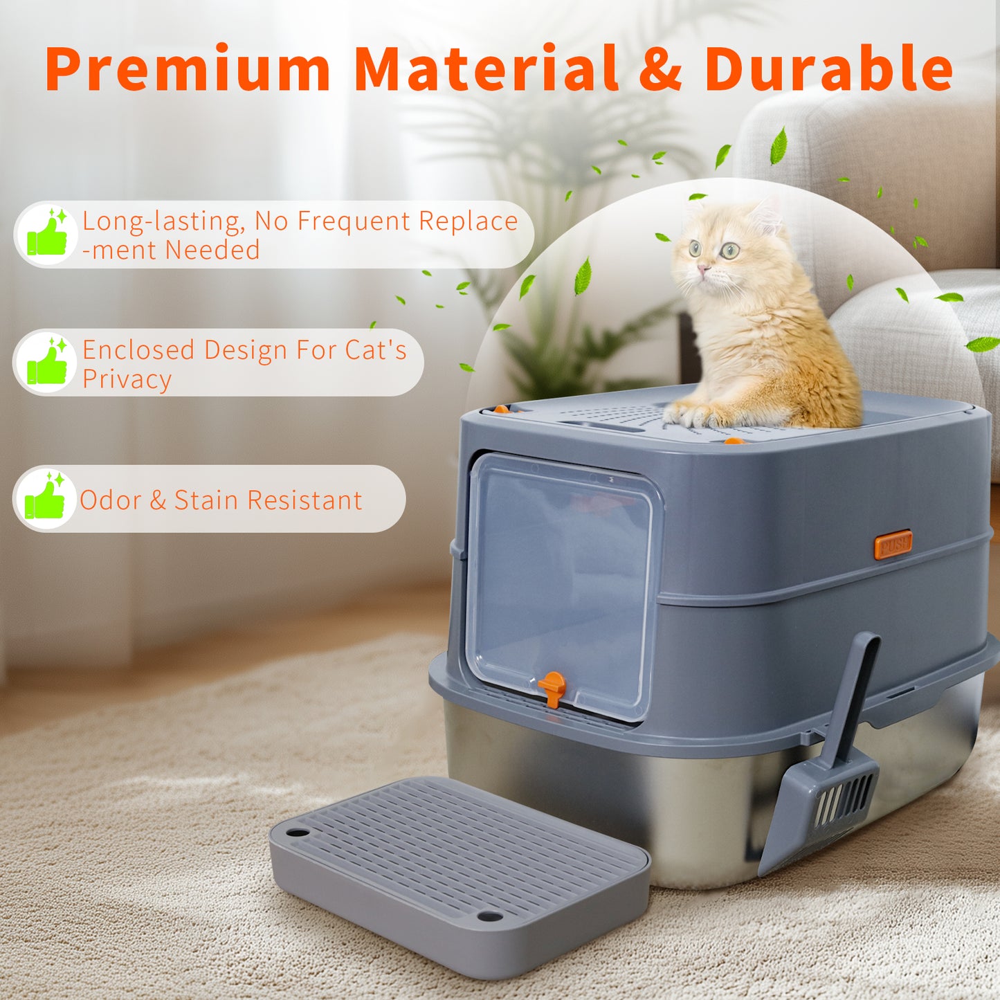 Cat Litter Box: Enclosed Cat Kitty Litter Box with Stainless Steel Tray Pan, Front Top Exit Toilet Boxes with Removable Lid, Non Stick, No Smell, Scoop Included
