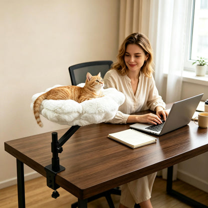 Cat Desk Bed: Elevated Desk Mount Cat Bed with Clamp-on, 360°&nbsp;Rotating &amp; Height Adjustable Support Clamp, Padded Soft Flower Shaped Nest Bed for Kittens