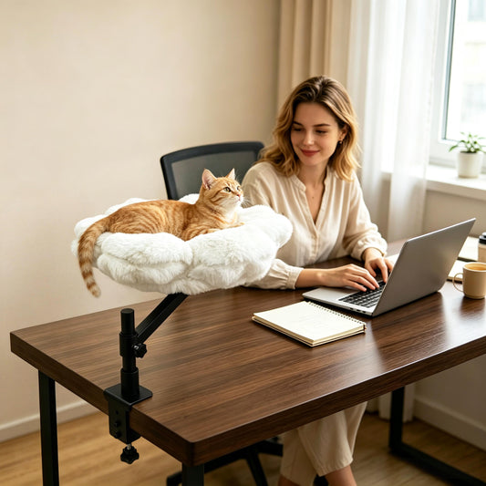 Cat Desk Bed: Elevated Desk Mount Cat Bed with Clamp-on, 360°&nbsp;Rotating &amp; Height Adjustable Support Clamp, Padded Soft Flower Shaped Nest Bed for Kittens