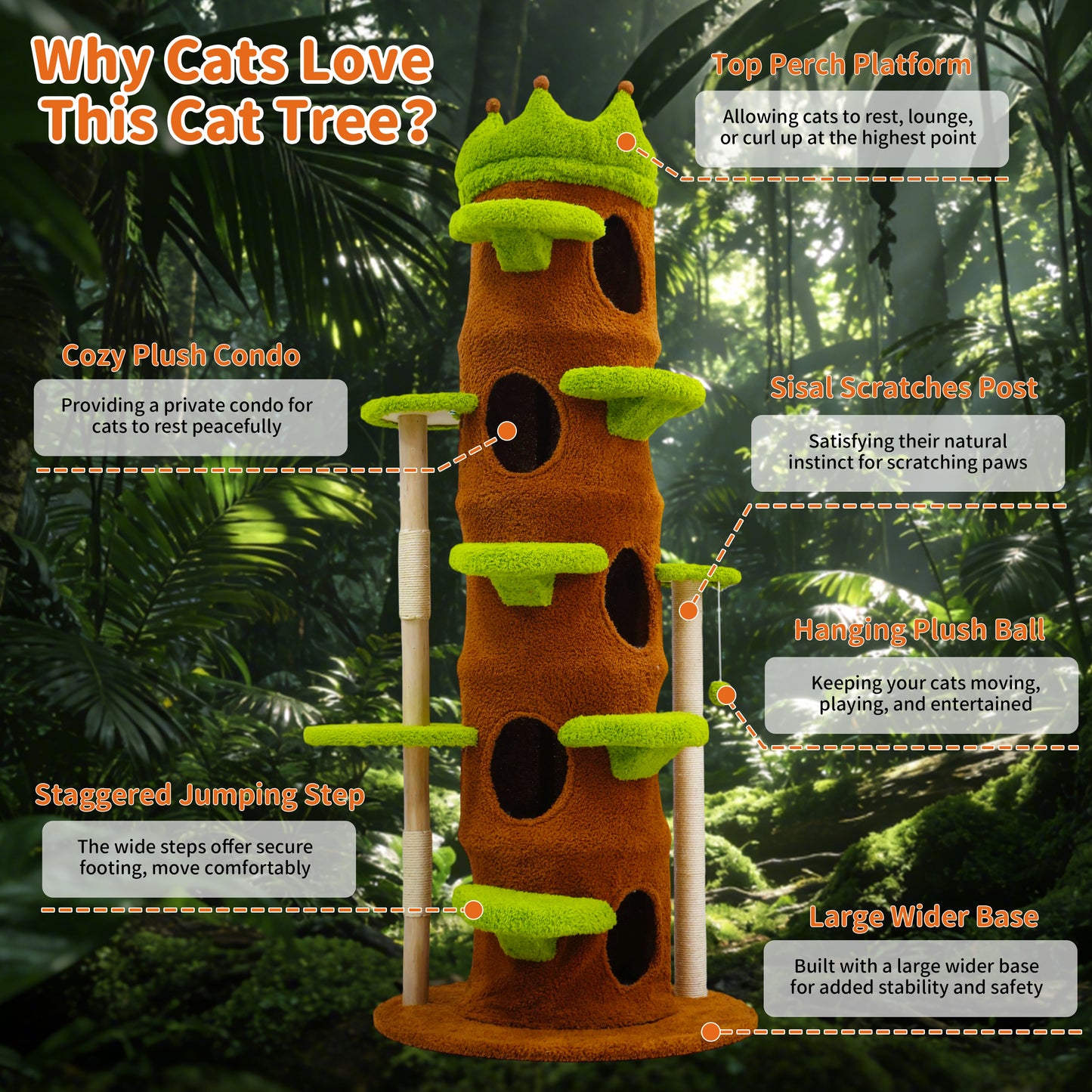 Large Cat Tree 73 Inch Modern Tall Cat Tree Tower, Tree Trunk Cat Condo with Multi-Level Platforms, Wooden Cat Tree for Indoor Multiple Cats and Kittens