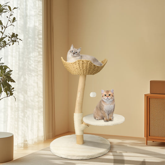 Solid Wood Cat Tree: Kitten Cat Tree Tree-like Activity Tower Center with Plush Cushion Cozy Rest Dangling Toy Ball Sisal Scratching Post for Indoor Cats