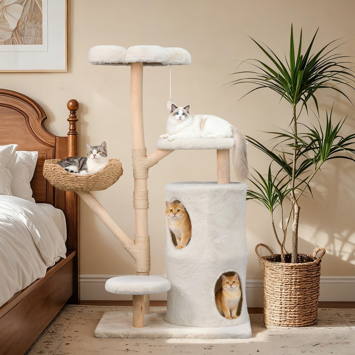 2025 NEW 56 Inches Modern Cat Tree Tower with Basket and Perch, Cat Furniture for Big Cats