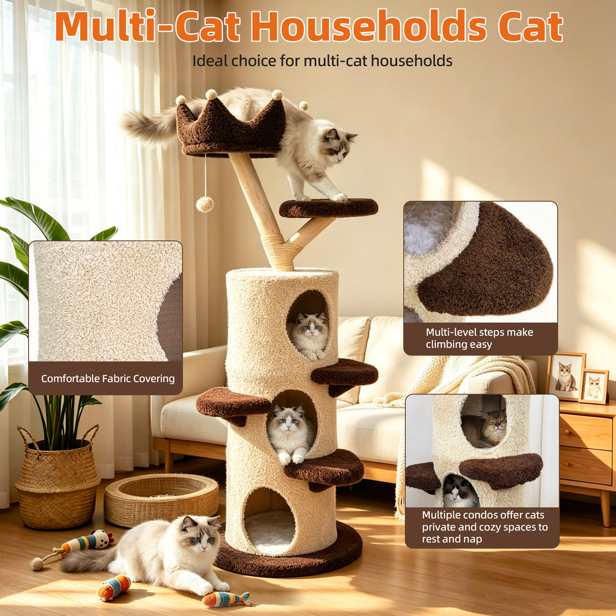 Modern Cat Tree with Cream & Brown Design, Large Cat Tree Multi-Level Tower, Cat Tree for Multiple Cats, Spacious Tree Trunk Cat Condo, Pet Furniture Gift