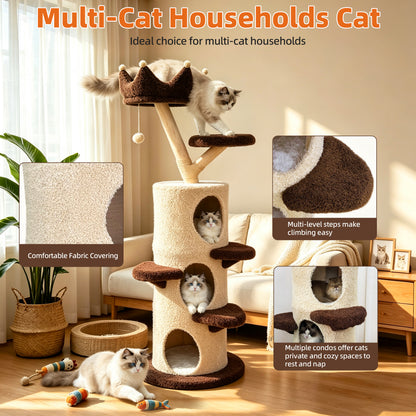Modern Cat Tree with Cream & Brown Design, Large Cat Tree Multi-Level Tower, Cat Tree for Multiple Cats, Spacious Tree Trunk Cat Condo, Pet Furniture Gift