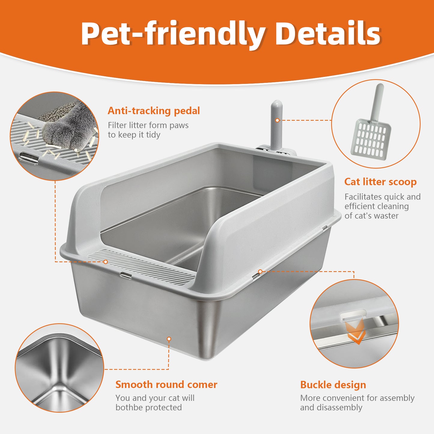 Stainless Steel Cat Litter Box High Sided Pan with Spoon for Cats, Easy to Clean