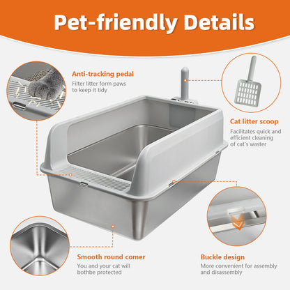 Stainless Steel Cat Litter Box High Sided Pan with Spoon for Cats, Easy to Clean