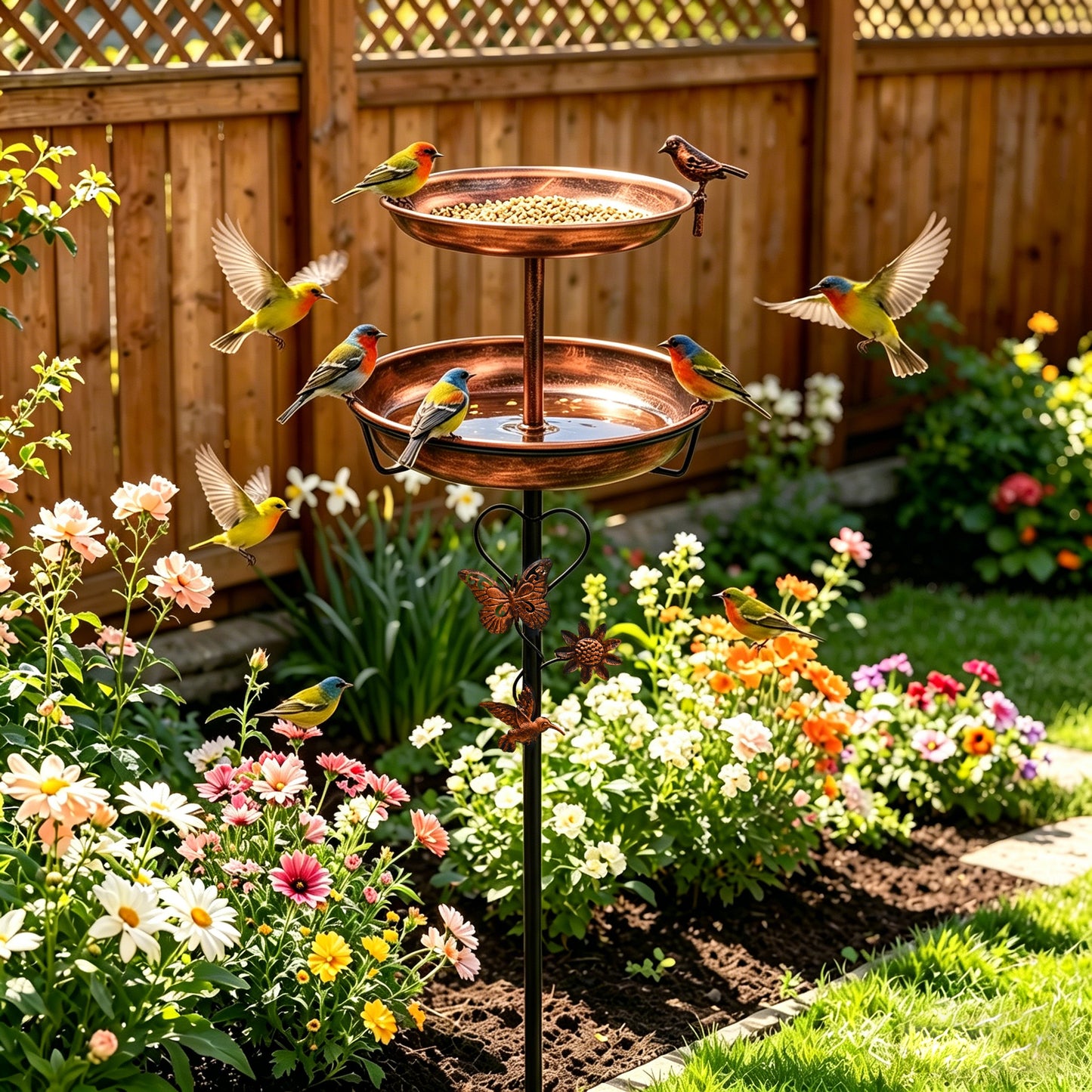 2 Tier Outdoor Bird Bath and Feeder, Decorative Standing Bird Bath for Outside Yard, Heavy Duty Garden Bird Feeder Station, Aged Bronze