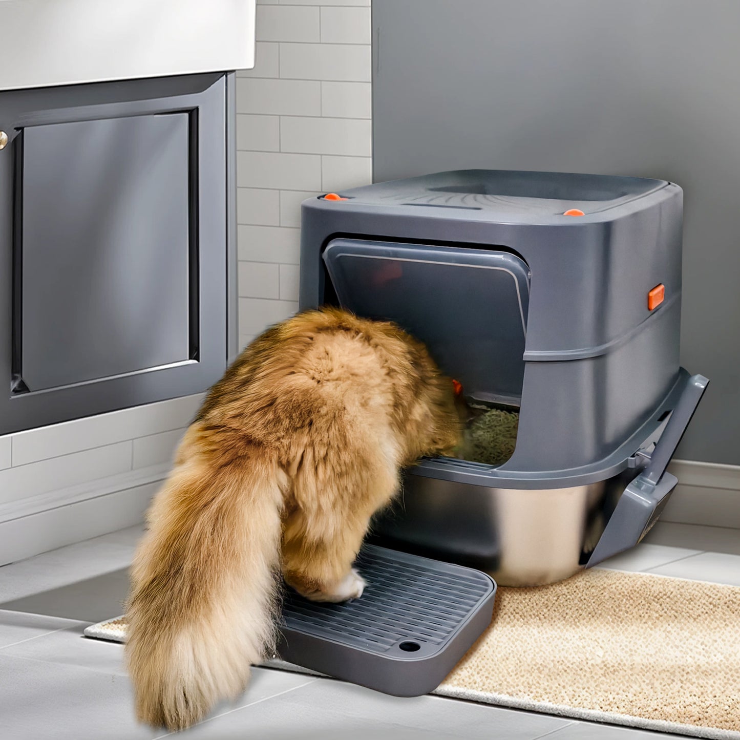 Cat Litter Box: Enclosed Cat Kitty Litter Box with Stainless Steel Tray Pan, Front Top Exit Toilet Boxes with Removable Lid, Non Stick, No Smell, Scoop Included