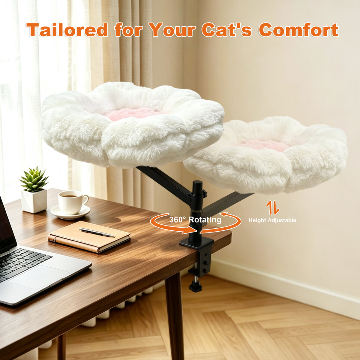 Cat Desk Bed: Elevated Desk Mount Cat Bed with Clamp-on, 360°&nbsp;Rotating &amp; Height Adjustable Support Clamp, Padded Soft Flower Shaped Nest Bed for Kittens