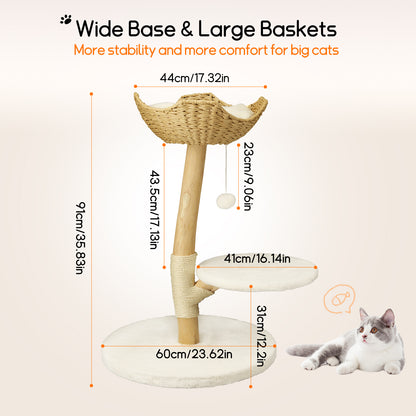 Solid Wood Cat Tree: Kitten Cat Tree Tree-like Activity Tower Center with Plush Cushion Cozy Rest Dangling Toy Ball Sisal Scratching Post for Indoor Cats
