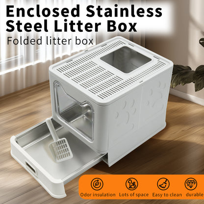 Stainless Steel Cat Litter Box w/ Scoop Enclosed Drawer Litter Box Odorless Gray