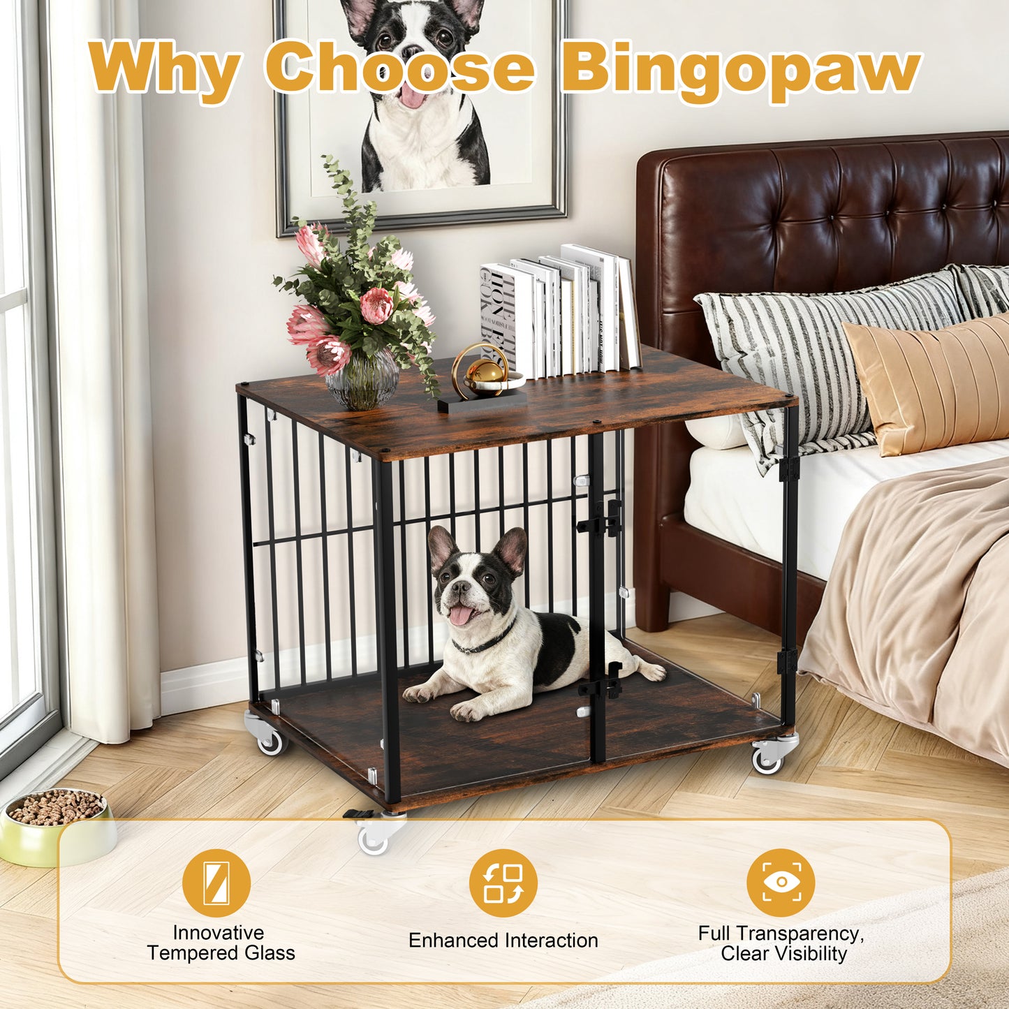 2025 Dog Crate Furniture: Self-Innovative Furniture Style Tempered Glass Dog Cage w/ Side Table Iron Ventilated Bars, Anti-bite Pet Kennel Indoor