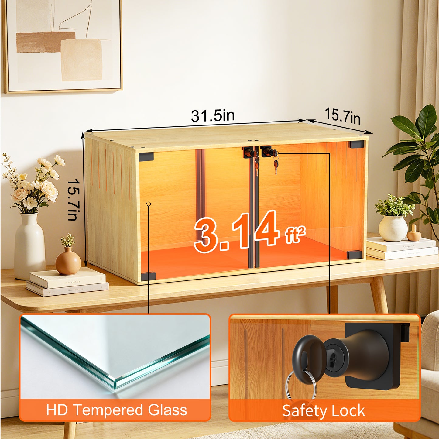 Wooden Pet Cage: Natural Wooden Hamster Guinea Pigs Cage Hedgehogs Enclosure with Tempered Glass Panels, Built-in LED Light, for Small Pets