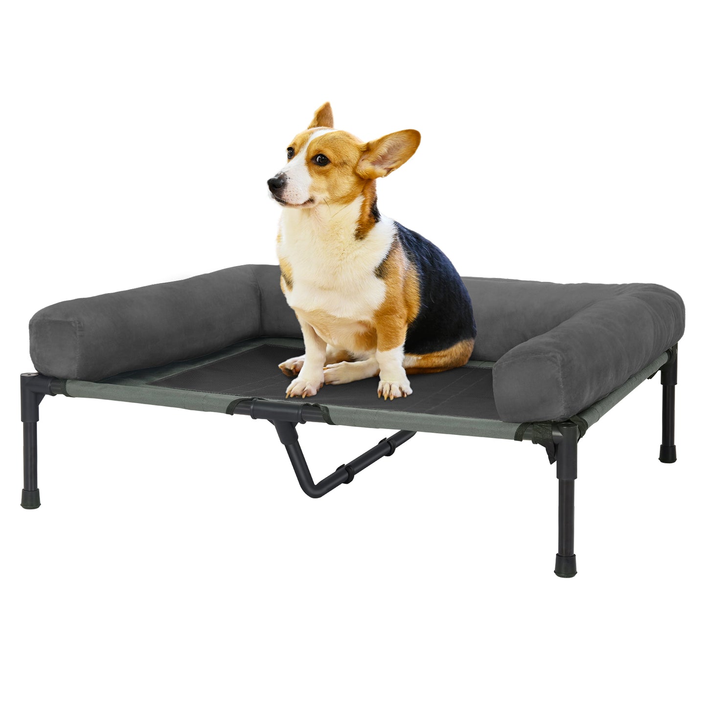 Elevated Dog Bed with Detachable Plush Bolster Outdoor Summer Cooling Raised Dogs Pet Lounger Bed Mesh Cot Bedding