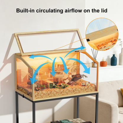 Hamster Cage with Stand: Indoor Wooden Hamster Cage Habitat Enclosure with Shelf Clear Tempered Glass Panel, Built-in LED Lights, for Gerbil, Hedgehog, Chew-proof