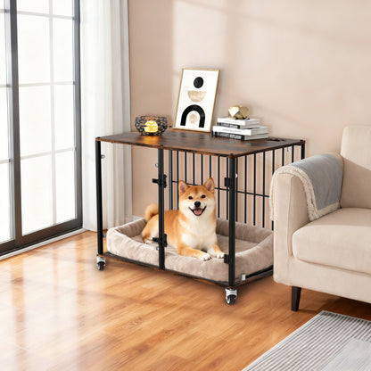 2025 Dog Crate Furniture: Self-Innovative Furniture Style Tempered Glass Dog Cage w/ Side Table Iron Ventilated Bars, Anti-bite Pet Kennel Indoor