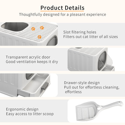 Large Cat Litter Box with Lid, Enclosed Drawer Type Litter Box with Scoop for Cat, Plastic Easy to Clean Cat Toilet 15x20 Inch