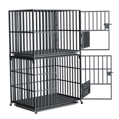 Stackable Dog Cage: Heavy Metal Dog Kennel Square Tube Cage with Double Layers Stackable Pet Crate w/ Casters, Removable Tray, Lock Latch