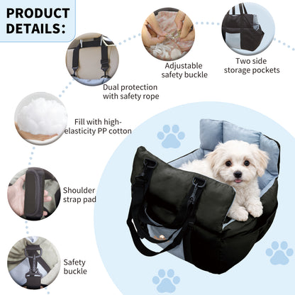 Puppy Travel Carrier Bed: Dog Booster Car Seat Pet Travel Carrier Bed with Safety Belt, Storage Pocket for Vehicles, Shoulder Strap/ Handle
