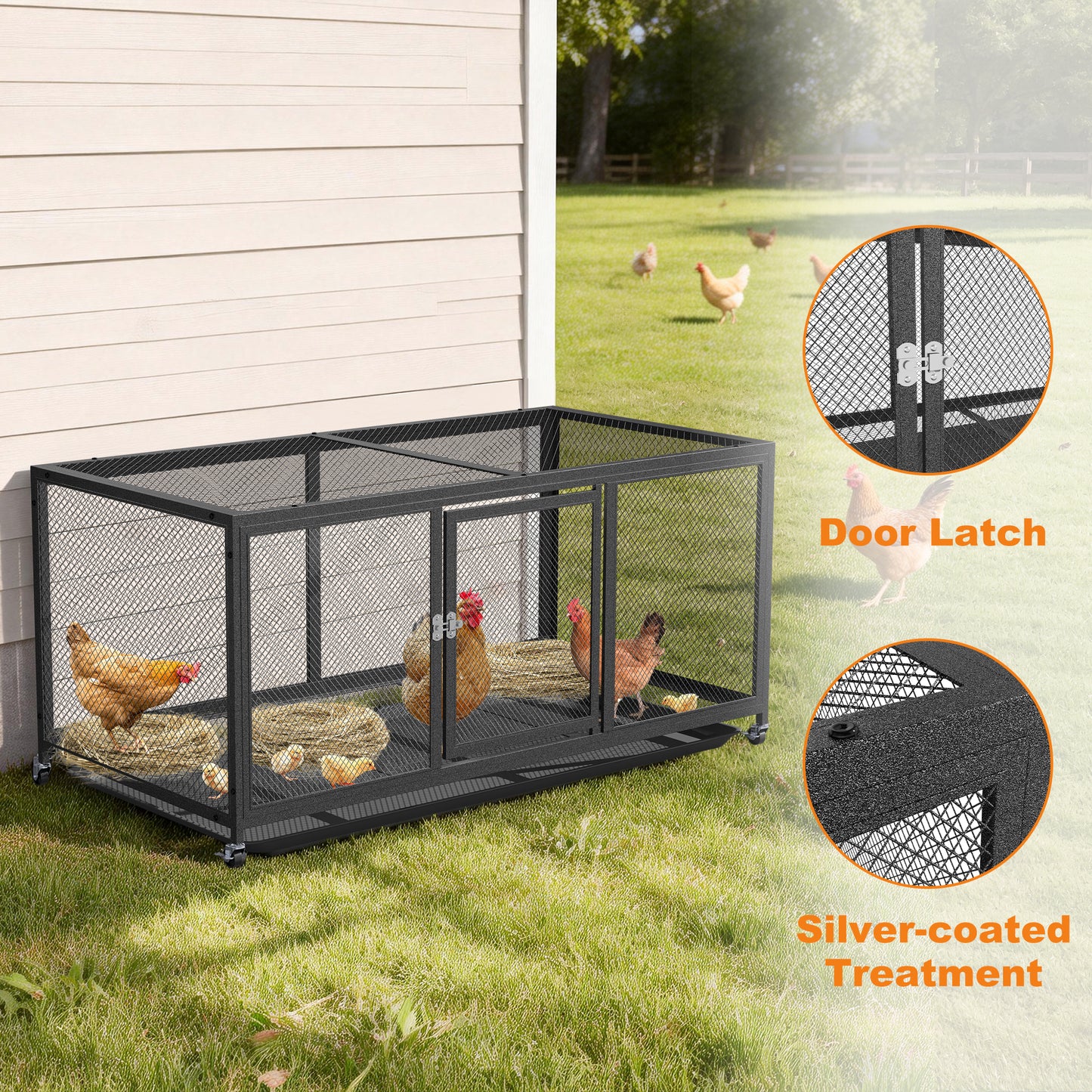Metal Chicken Cage with Wheels, Elevated Indoor Chicken Cage, Heavy Duty Movable Iron Chicken Coop for Balcony, Patio, Small Pet Chickens and Quail