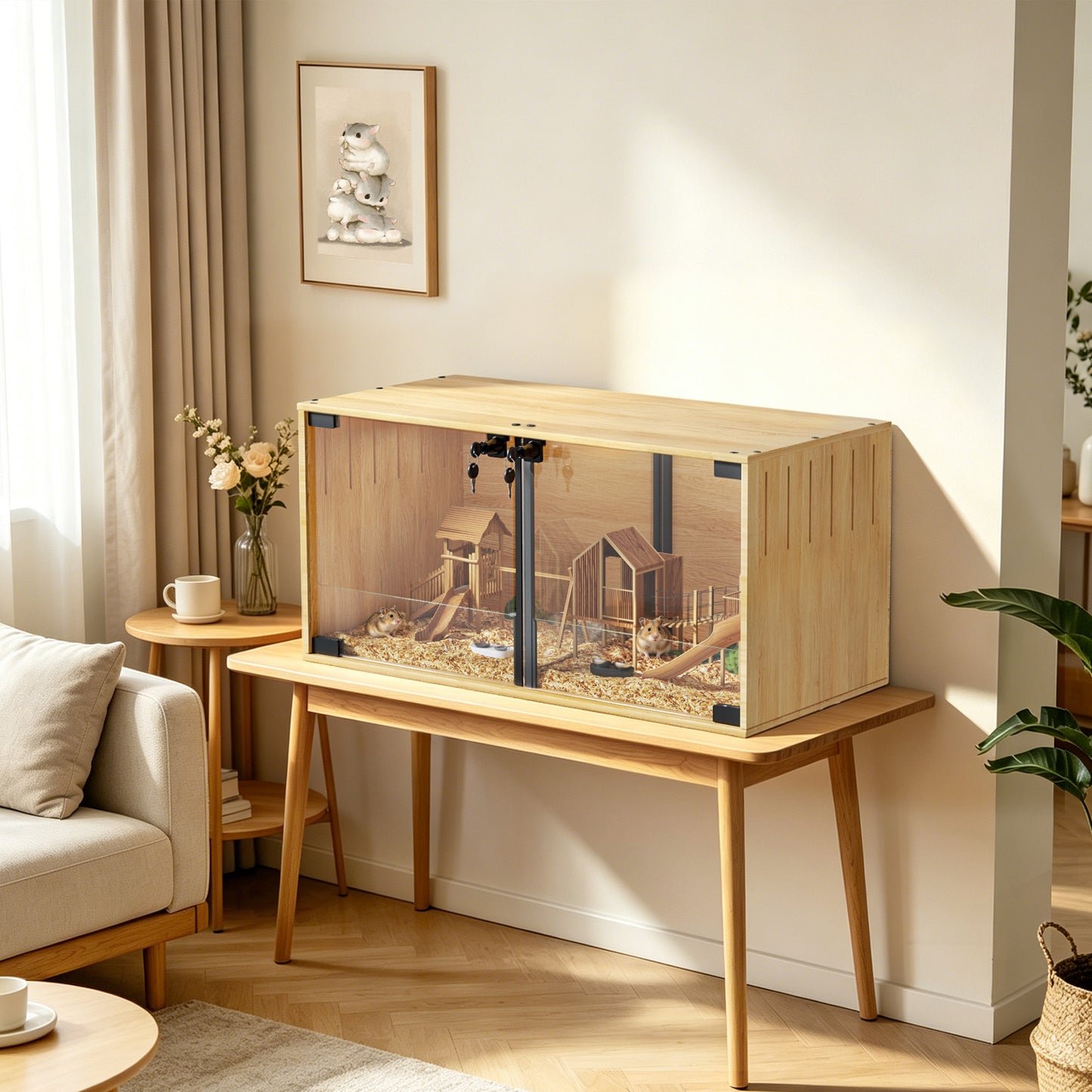 Wooden Pet Cage: Natural Wooden Hamster Guinea Pigs Cage Hedgehogs Enclosure with Tempered Glass Panels, Built-in LED Light, for Small Pets