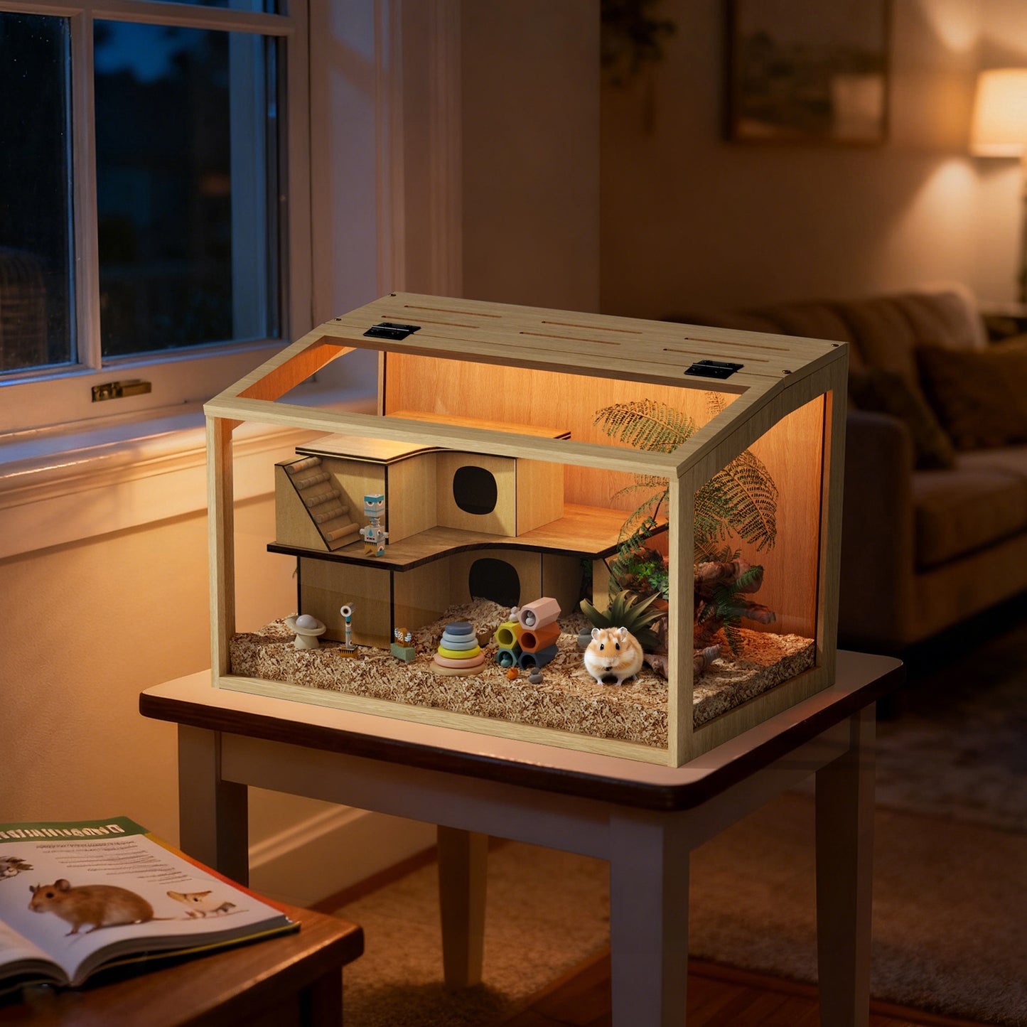 Chew-proof Hamster Cage: Indoor Wooden Hamster Cage with Clear Tempered Glass Panel, Built-in Light, Tabletop Hamsters Habitat Enclosure for Pets