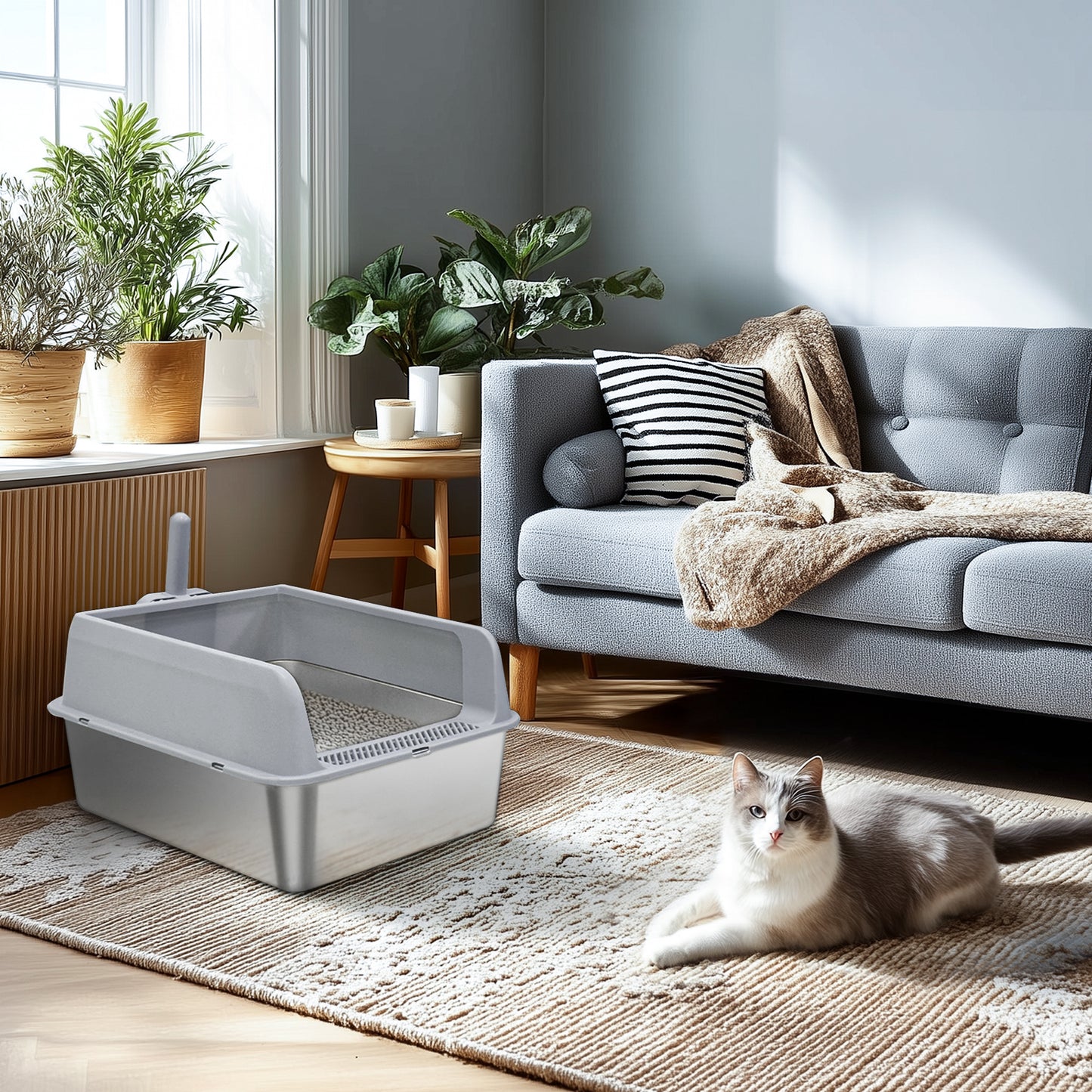 Stainless Steel Cat Litter Box High Sided Pan with Spoon for Cats, Easy to Clean