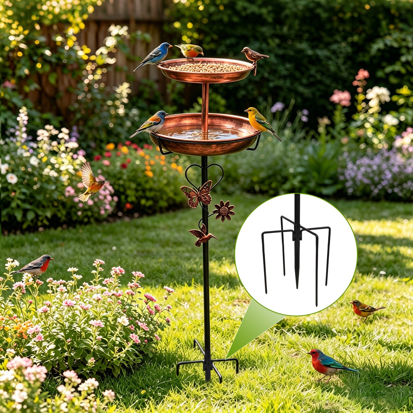 2 Tier Outdoor Bird Bath and Feeder, Decorative Standing Bird Bath for Outside Yard, Heavy Duty Garden Bird Feeder Station, Aged Bronze
