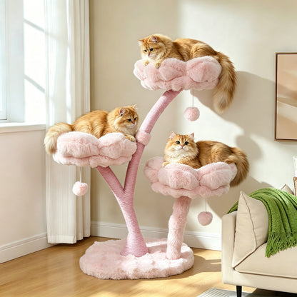 Indoor Cat Tower Tree Modern Pink Vertical Cat Tree Activity Center for Cats, Compact Multi-Level Cat Tree Furniture with Cushioned Flower Platforms, Scratching Trunk