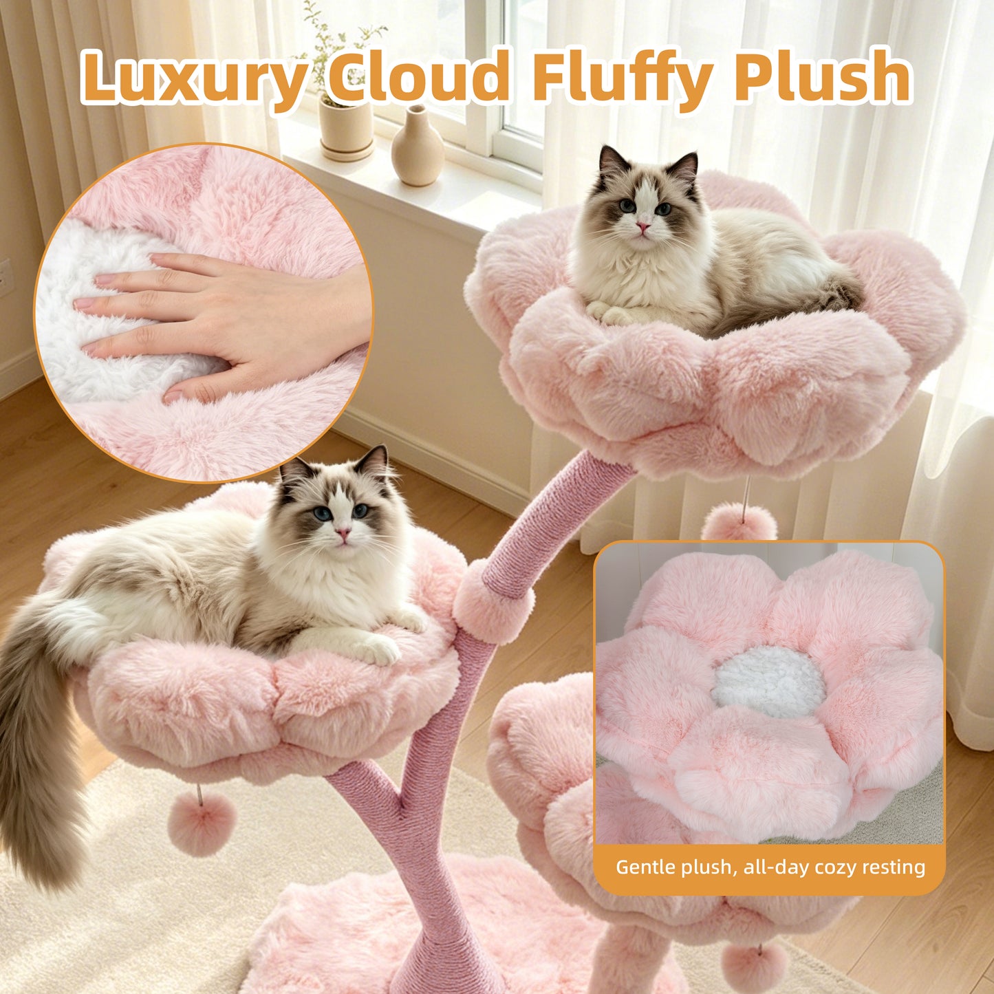 Indoor Cat Tower Tree Modern Pink Vertical Cat Tree Activity Center for Cats, Compact Multi-Level Cat Tree Furniture with Cushioned Flower Platforms, Scratching Trunk