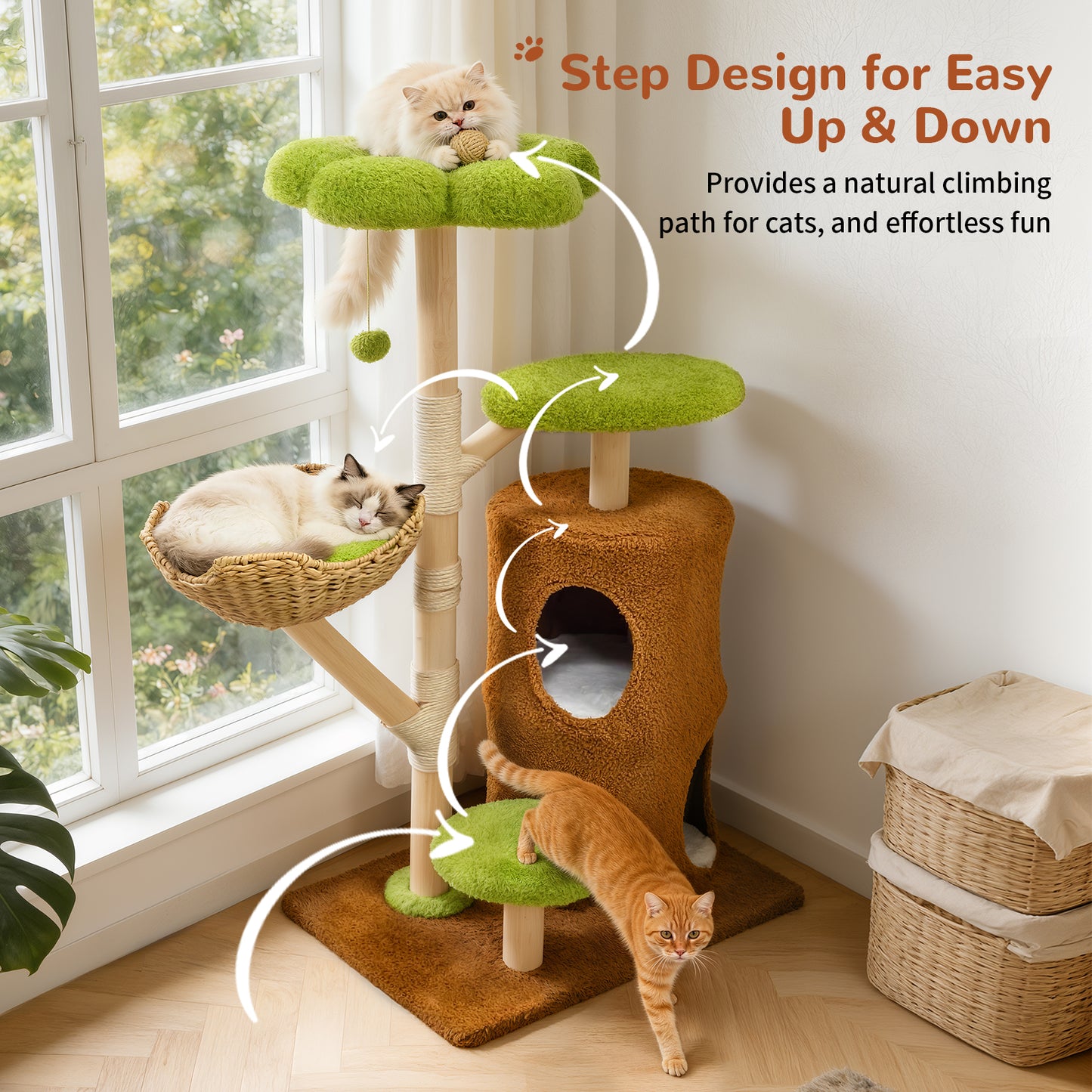 Multi-Level Cat Tower: 55.91-Inch Tall Cat Tower for Indoor Cat, Kitten Play Center with Scratching Posts, Top Perches, Hideaways, Vivid Green