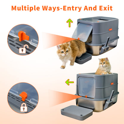Cat Litter Box: Enclosed Cat Kitty Litter Box with Stainless Steel Tray Pan, Front Top Exit Toilet Boxes with Removable Lid, Non Stick, No Smell, Scoop Included