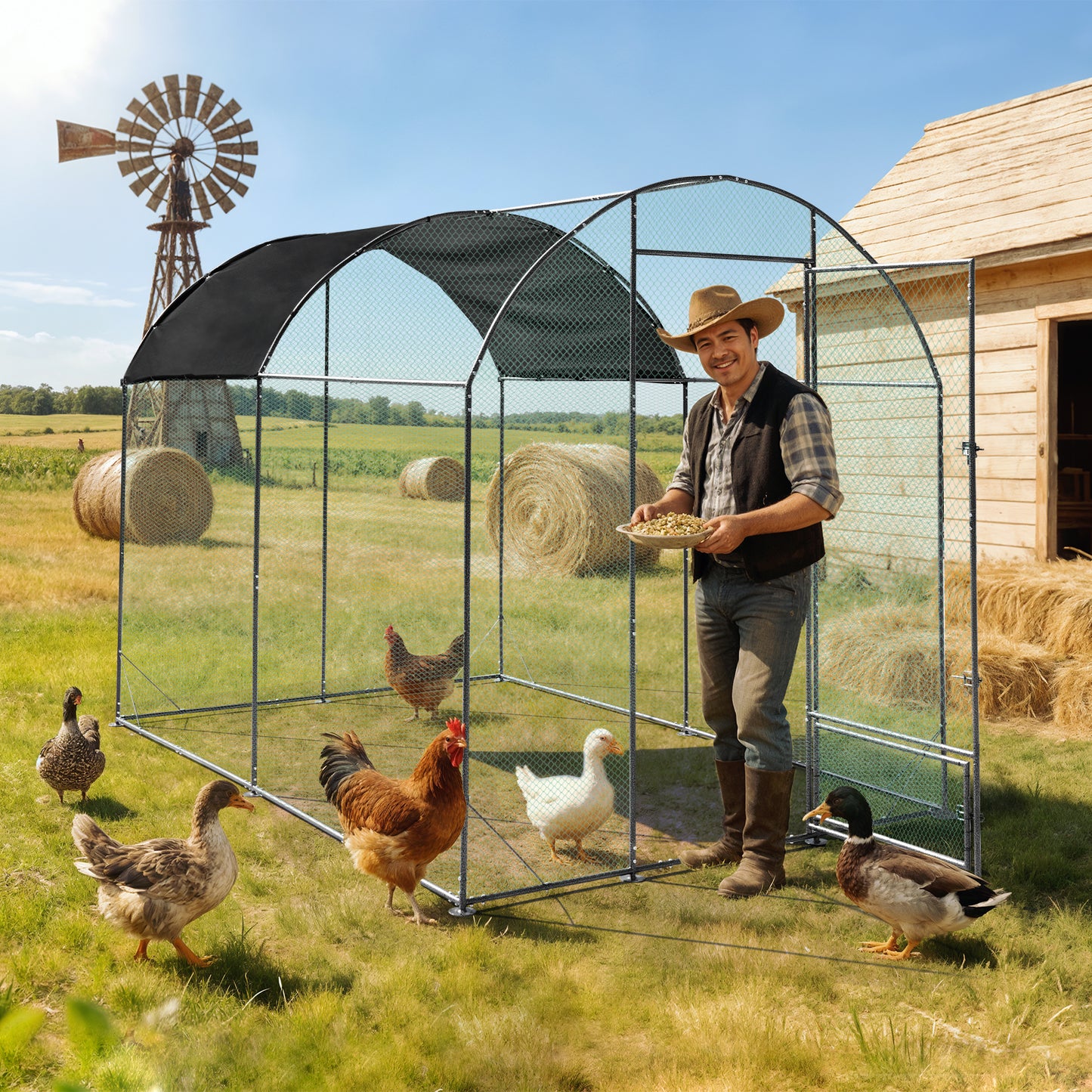 Walk in Chicken Coop Run, Large Metal Chicken Coop with Roof Cover, Outdoor Chicken Pens with Top, Heavy Duty Steel Poultry Enclosure for Backyard Farm