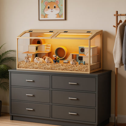Tempered Glass Hamster Cage with LED Light, 40" Clear Small Animal Enclosure, Modern Wood Frame, Scratch Resistant, Deep Base for Burrowing